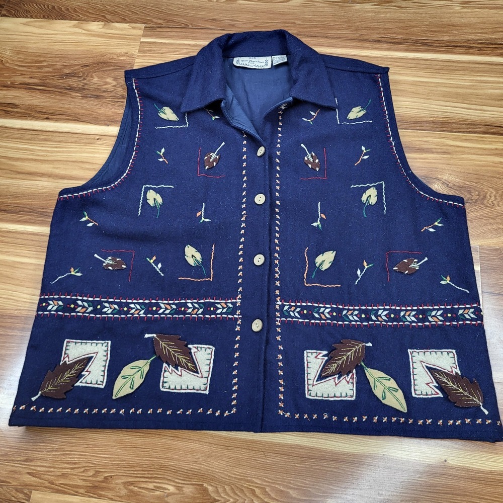 New Direction Wool Blend Vest Womens Plus Size 3X Patchwork Fall Leaves Blue